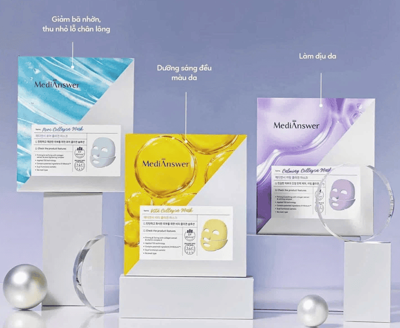 MediAnswer Collagen Mask nổi bật với công nghệ collagen peptide siêu nhỏ, giúp thẩm thấu sâu hơn vào lớp biểu bì và tăng hiệu quả đàn hồi da