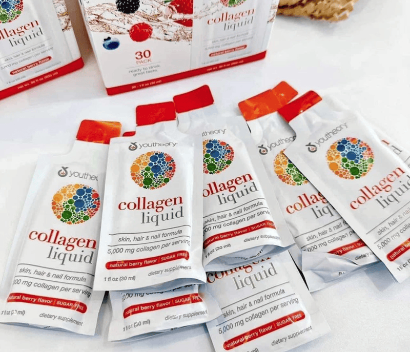 Collagen nước Youtheory Liquid cung cấp đồng thời collagen type 1, 2 và 3 kết hợp với vitamin C và biotin