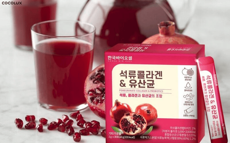 Collagen Lựu Đỏ Bio Cell là sản phẩm bột collagen Hàn Quốc kết hợp chiết xuất lựu đỏ và men vi sinh